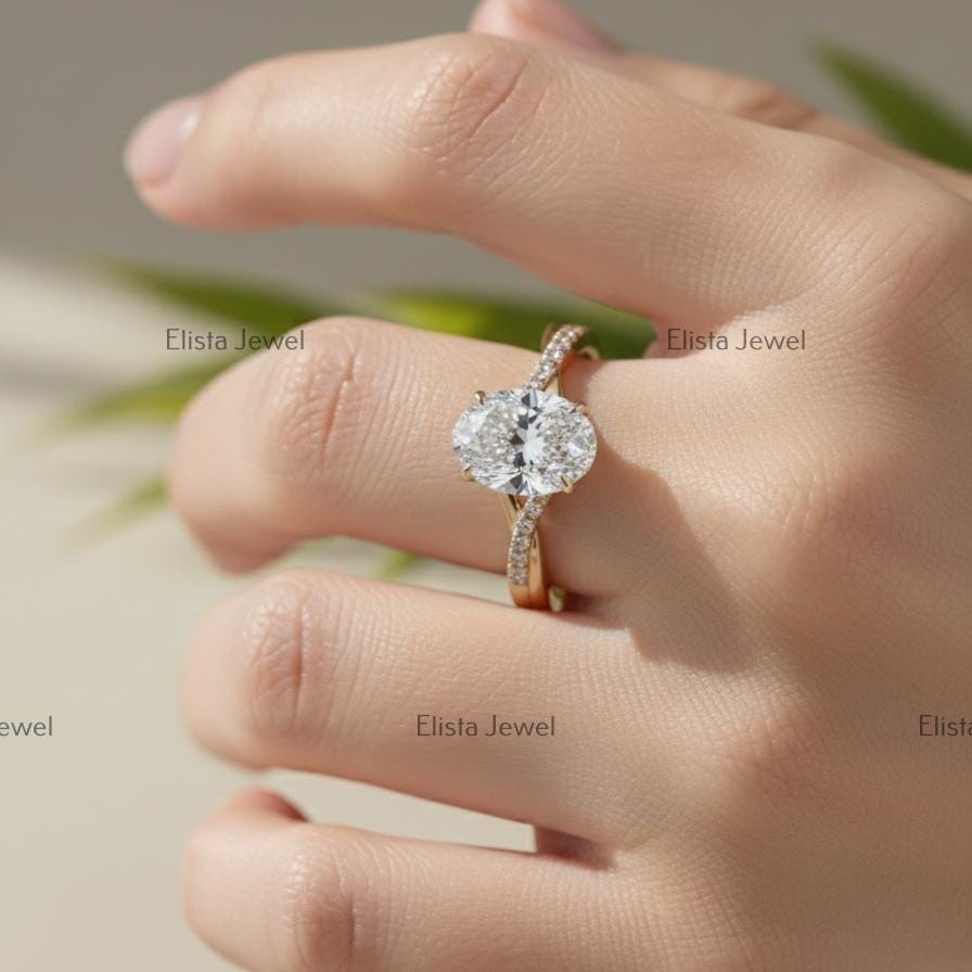 Oval Lab Grown Diamond Engagement Ring, 14K Yellow Gold Pavé Split Shank