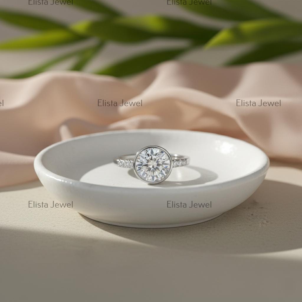 Round Lab-Grown Diamond Engagement Ring, 14K White Gold Pave Band