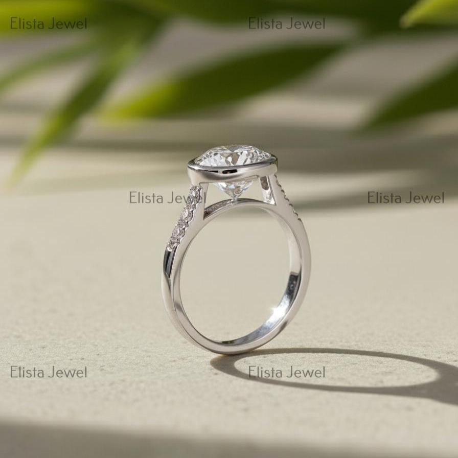Round Lab-Grown Diamond Engagement Ring, 14K White Gold Pave Band