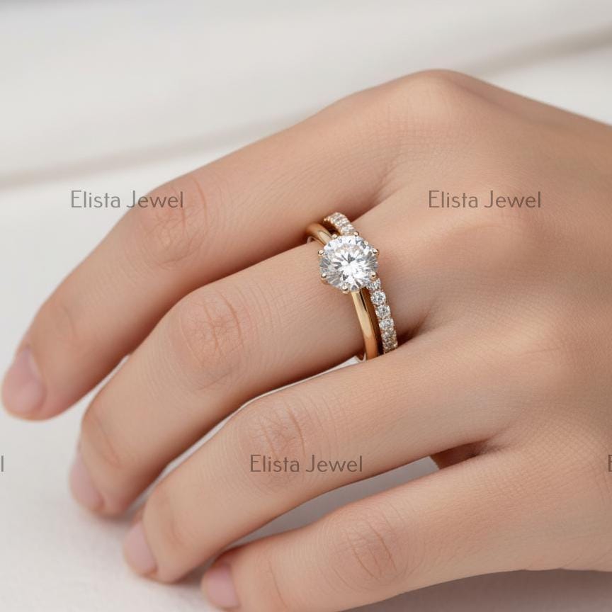Round Cut Lab-Grown Diamond Engagement Ring Set, 14K Yellow Gold Pavé Band