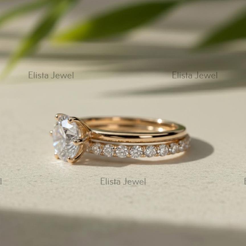 Round Cut Lab-Grown Diamond Engagement Ring Set, 14K Yellow Gold Pavé Band