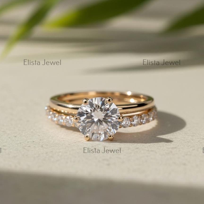 Round Cut Lab-Grown Diamond Engagement Ring Set, 14K Yellow Gold Pavé Band