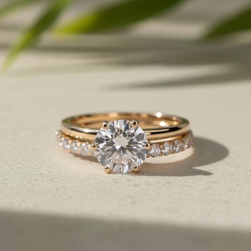 Round Cut Lab-Grown Diamond Engagement Ring Set, 14K Yellow Gold Pavé Band