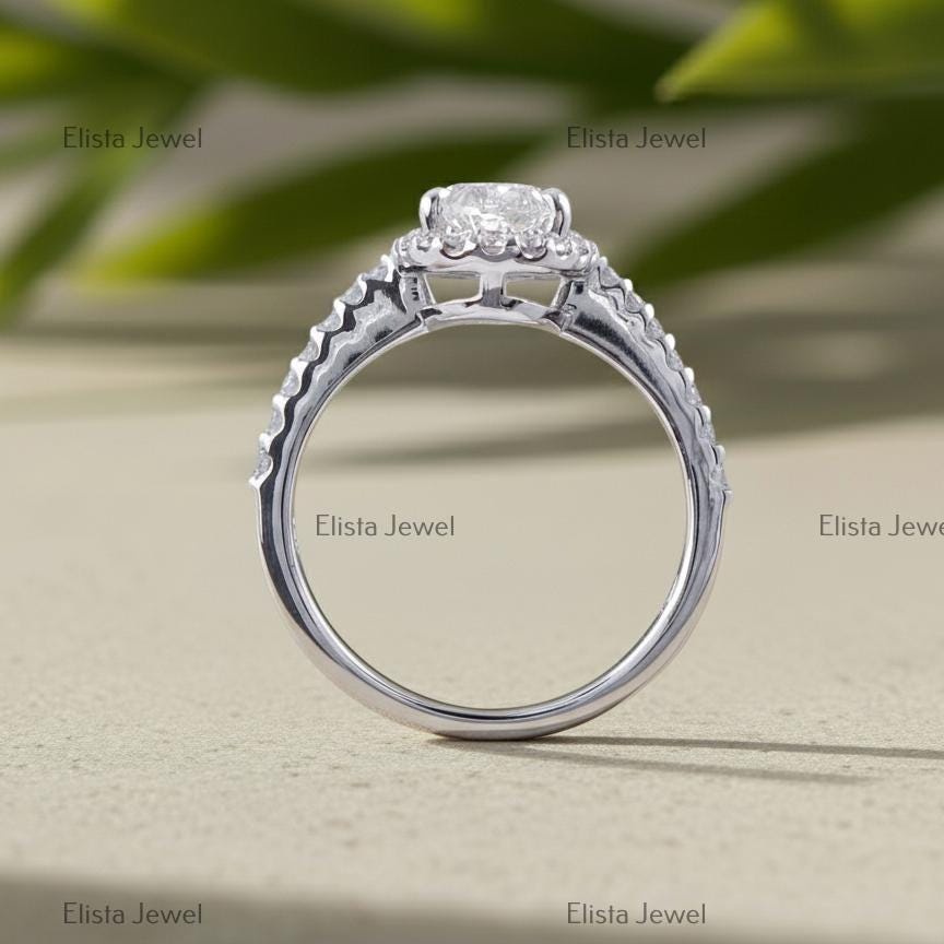 Oval Lab-Grown Diamond Halo Engagement Ring in 14K Solid White Gold