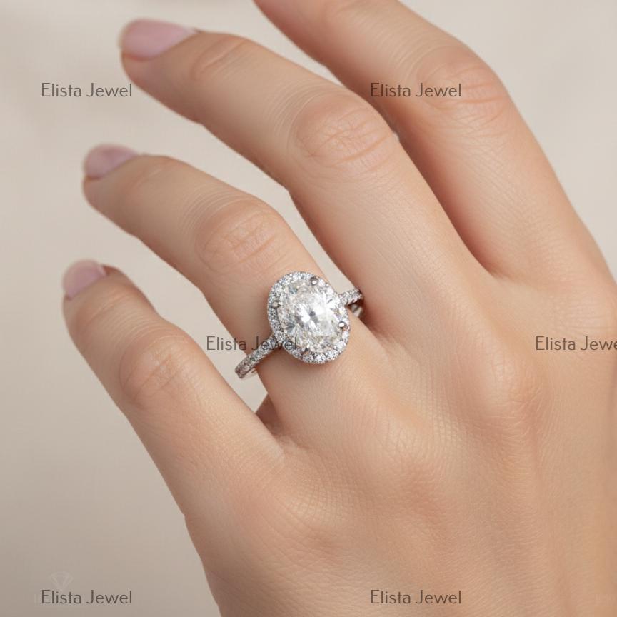 Oval Lab-Grown Diamond Halo Engagement Ring in 14K Solid White Gold