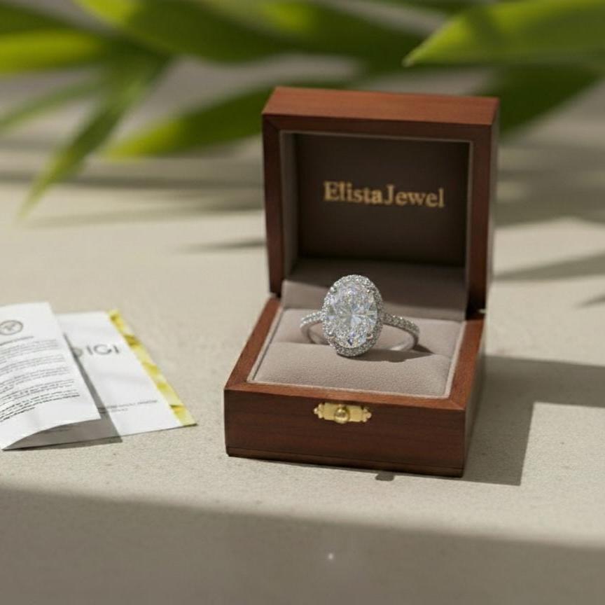 Oval Lab-Grown Diamond Halo Engagement Ring in 14K Solid White Gold