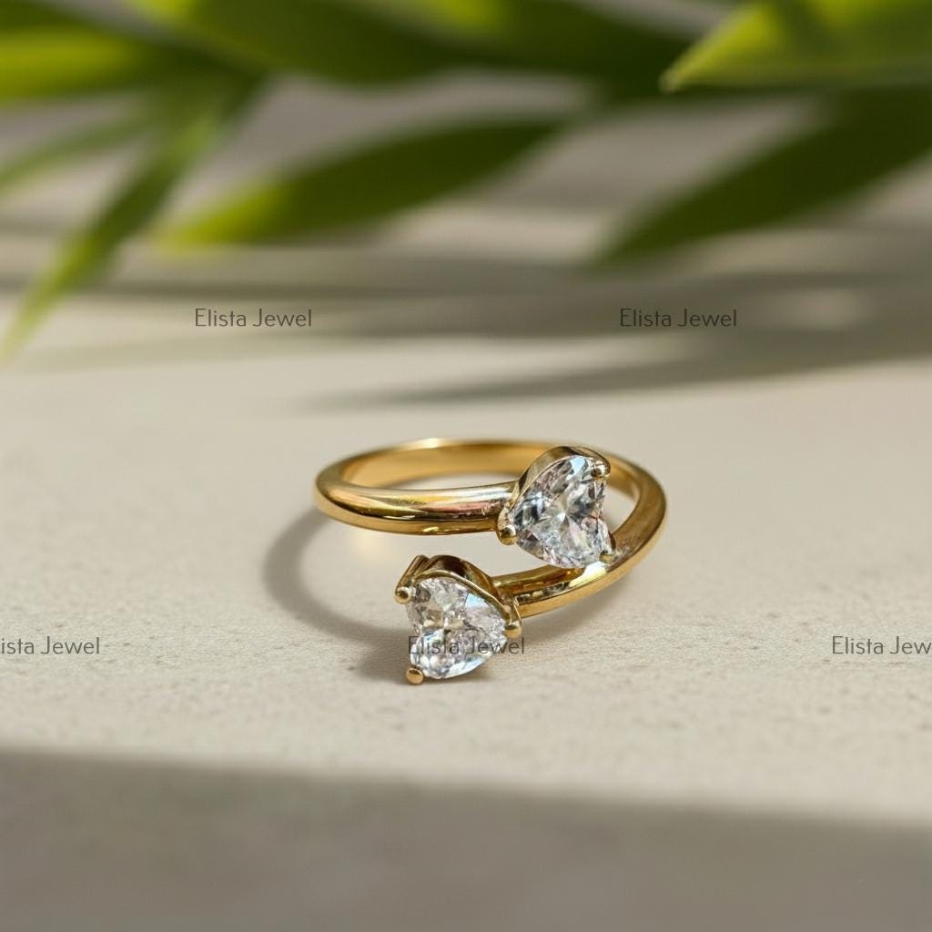 Heart Lab-Grown Diamond Toi et Moi Ring, 14K Yellow Gold Bypass Ring