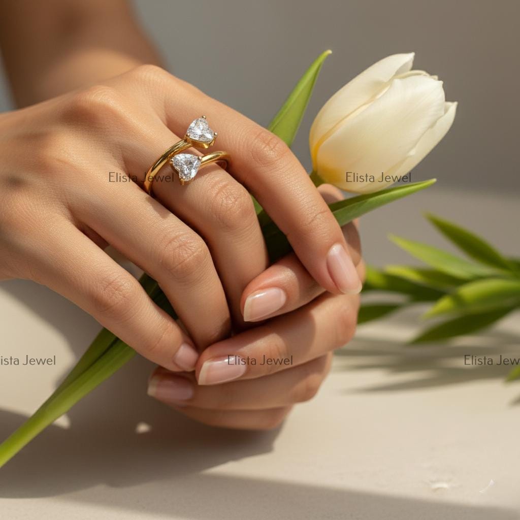 Heart Lab-Grown Diamond Toi et Moi Ring, 14K Yellow Gold Bypass Ring
