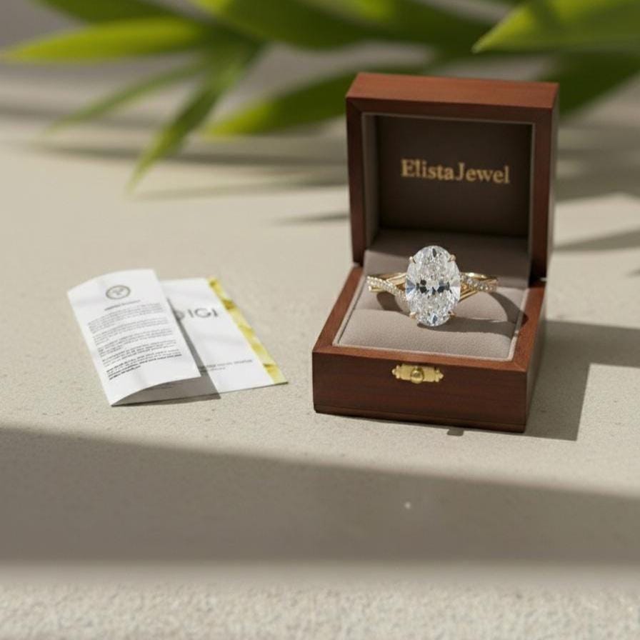 Oval Lab Grown Diamond Engagement Ring, 14K Yellow Gold Pavé Split Shank