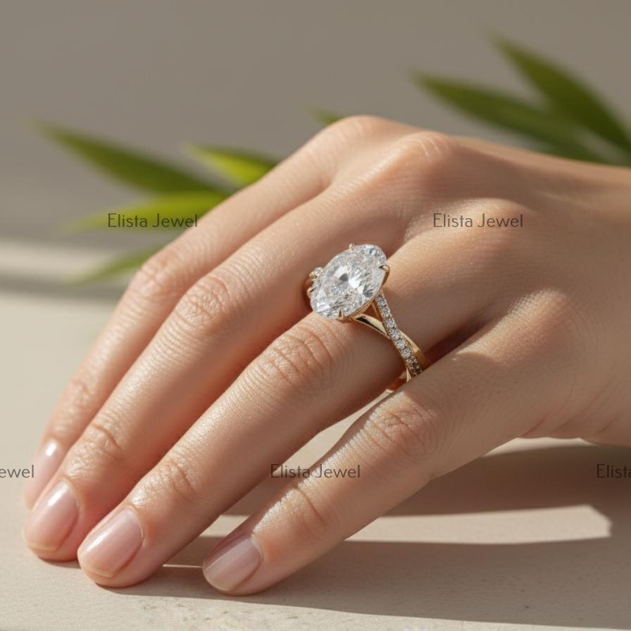 Oval Lab Grown Diamond Engagement Ring, 14K Yellow Gold Pavé Split Shank