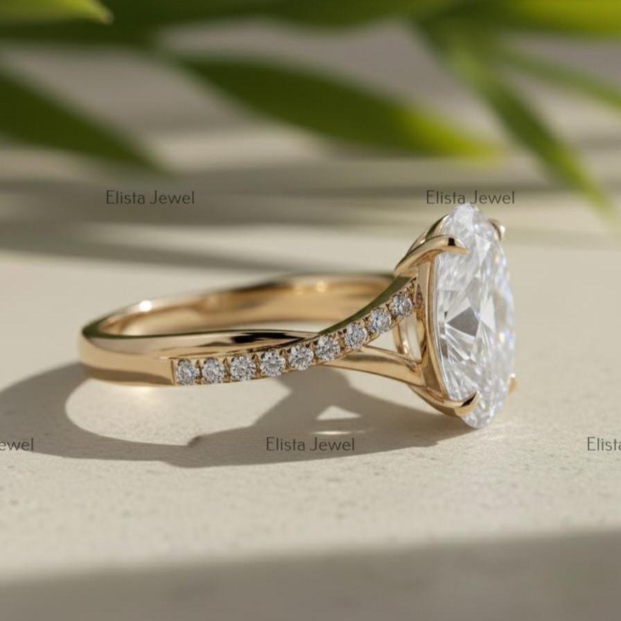 Oval Lab Grown Diamond Engagement Ring, 14K Yellow Gold Pavé Split Shank