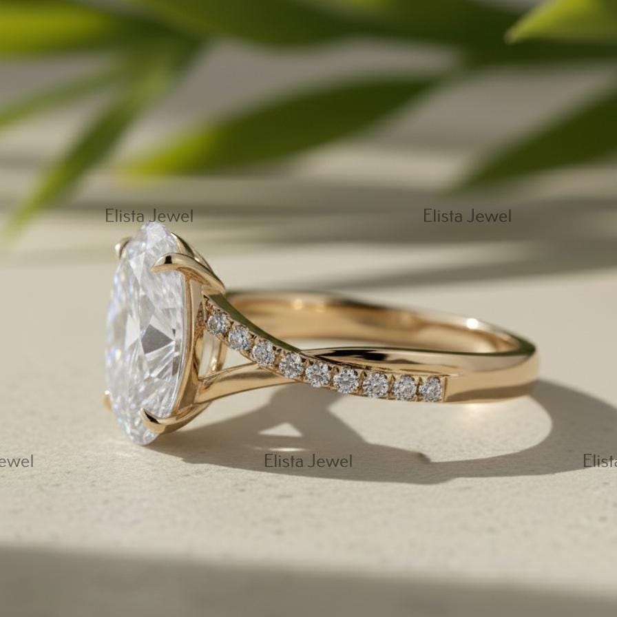Oval Lab Grown Diamond Engagement Ring, 14K Yellow Gold Pavé Split Shank
