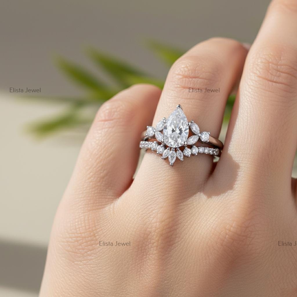 Pear Cut Lab-Grown Diamond Bridal Set, 14K White Gold, Chevron Halo