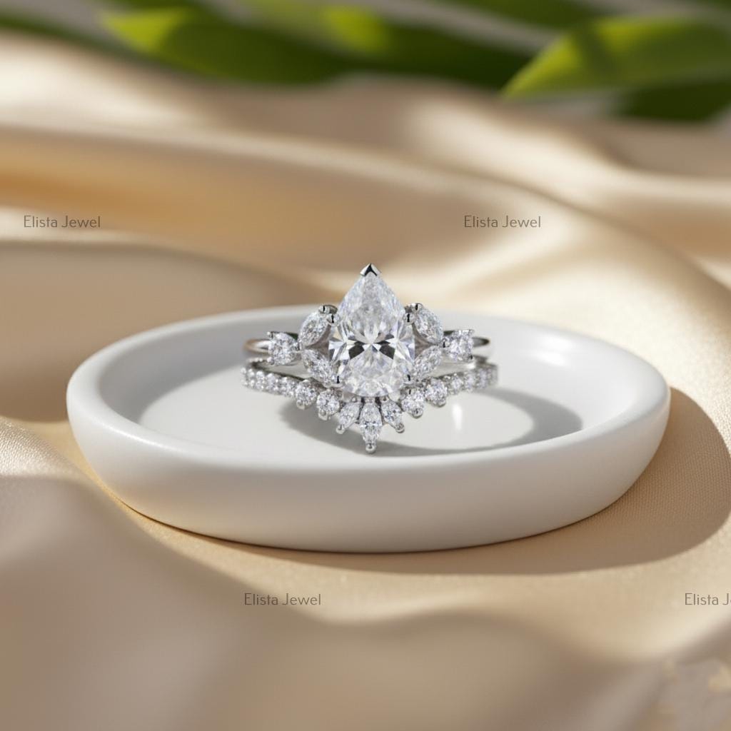 Pear Cut Lab-Grown Diamond Bridal Set, 14K White Gold, Chevron Halo