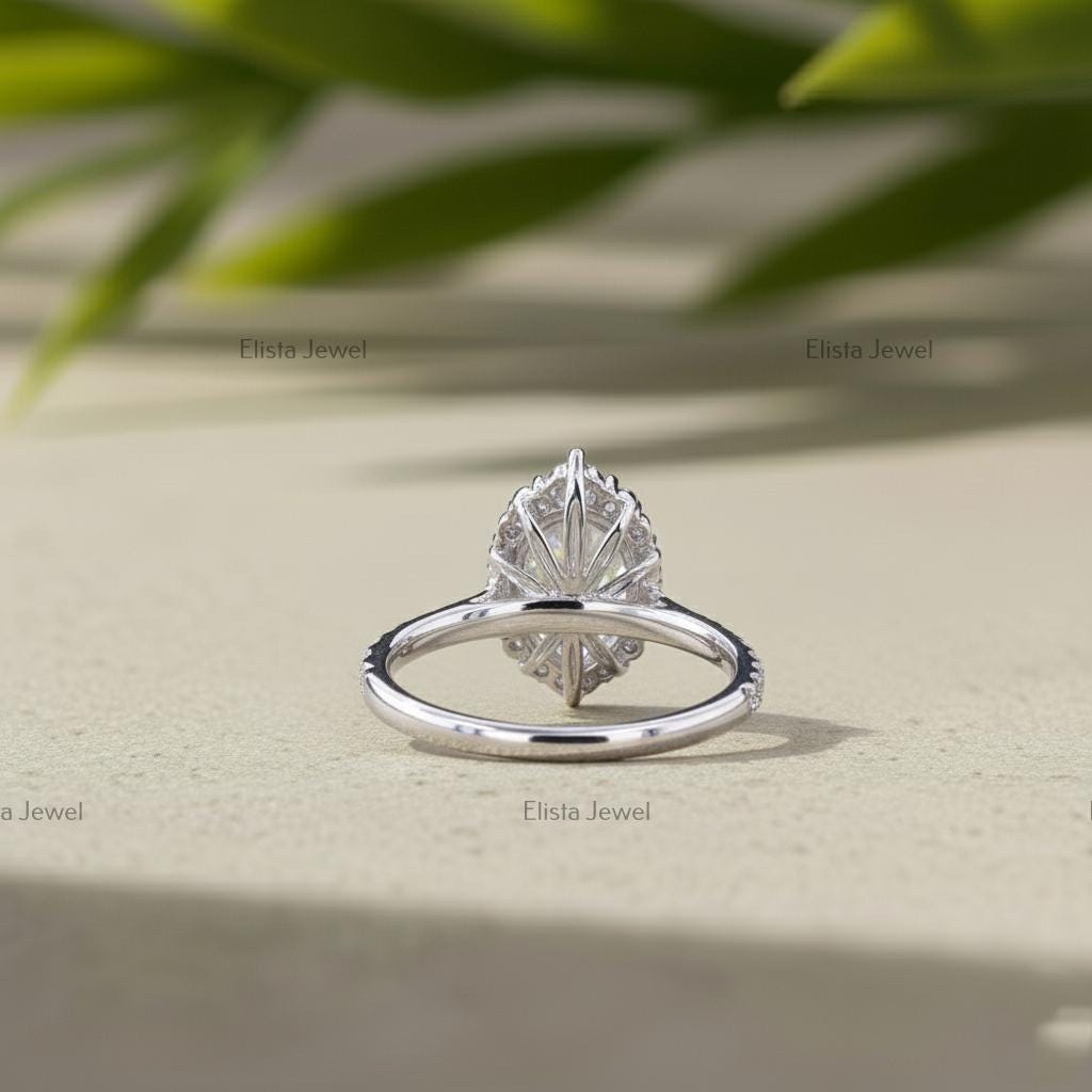 Pear Cut Lab-Grown Diamond Engagement Ring, 14K White Gold Halo Ring For Women
