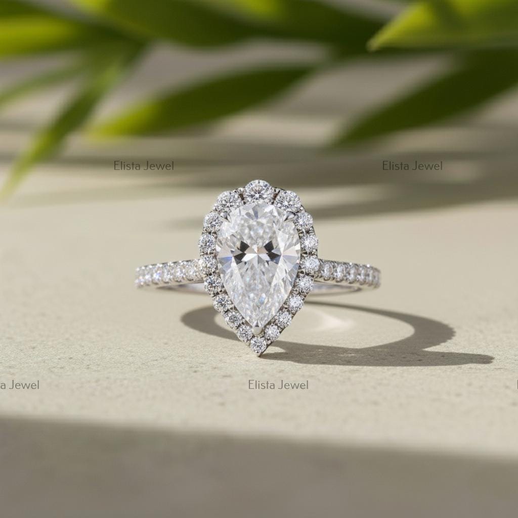 Pear Cut Lab-Grown Diamond Engagement Ring, 14K White Gold Halo Ring For Women