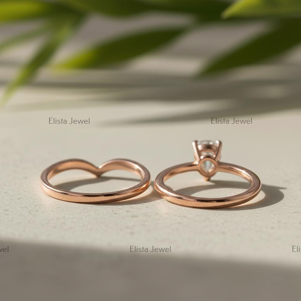 Pear Shaped Lab-Grown Diamond Bridal Ring Set, 14K Rose Gold Matching Chevron Band