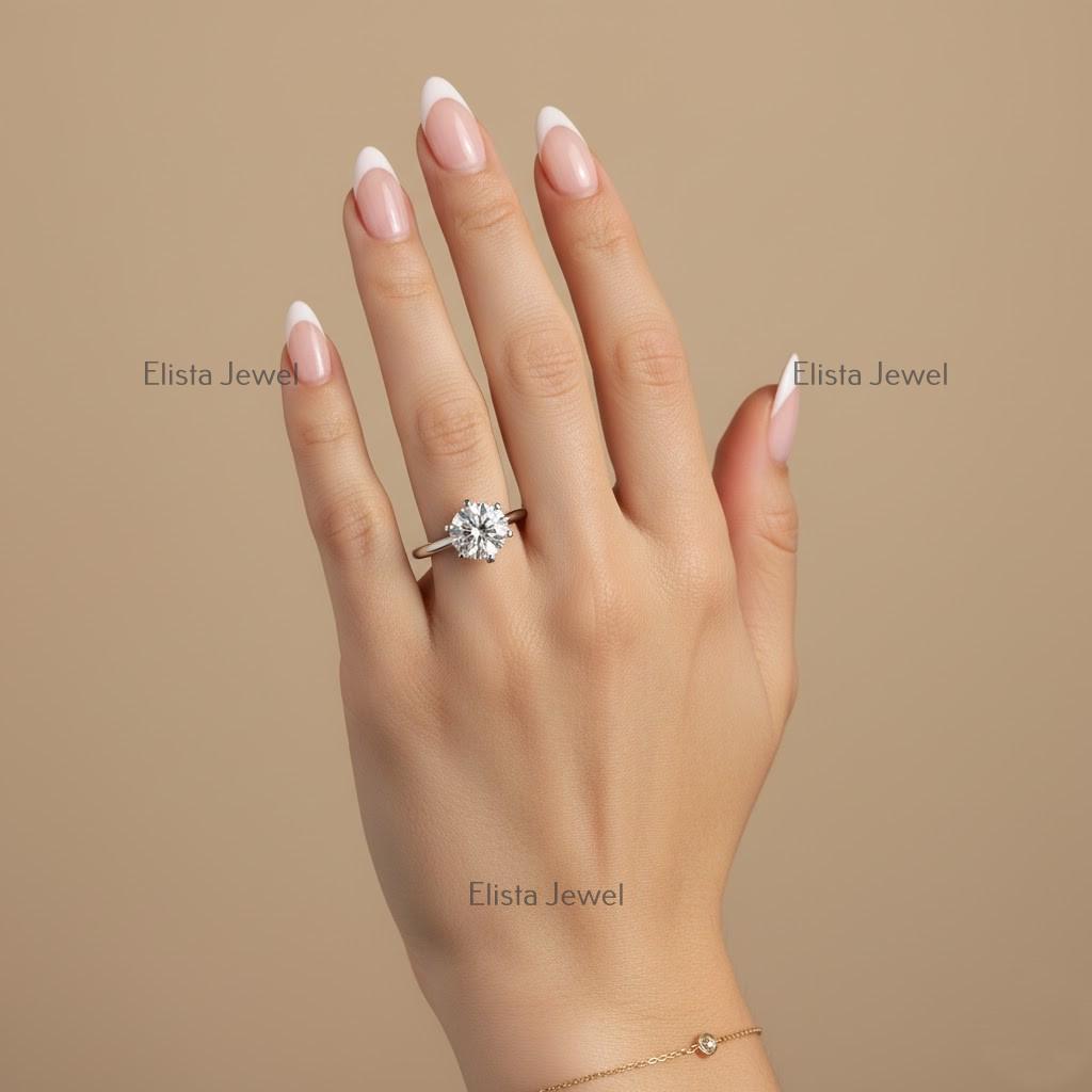 Round Lab-Grown Diamond Solitaire Engagement Ring in 14K Solid White Gold With 6-Prongs