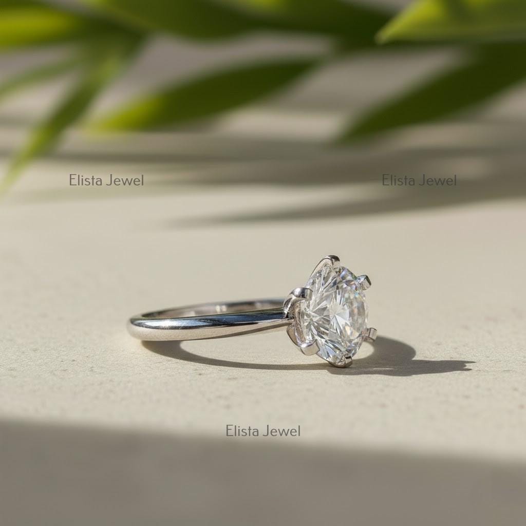 Round Lab-Grown Diamond Solitaire Engagement Ring in 14K Solid White Gold With 6-Prongs