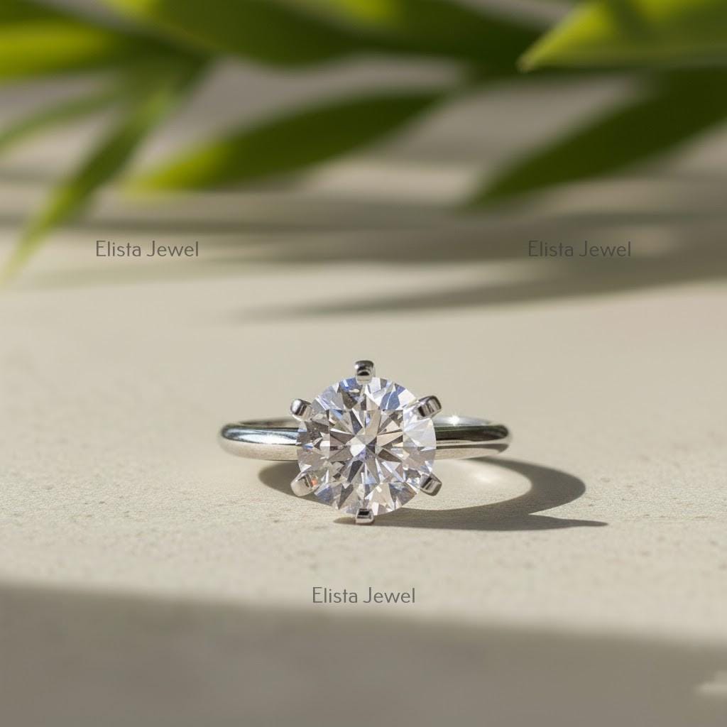 Round Lab-Grown Diamond Solitaire Engagement Ring in 14K Solid White Gold With 6-Prongs