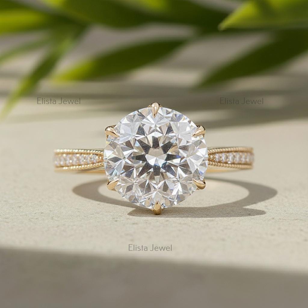 Round Lab-Grown Diamond Engagement Ring, 18K Yellow Gold, Pavé Milgrain