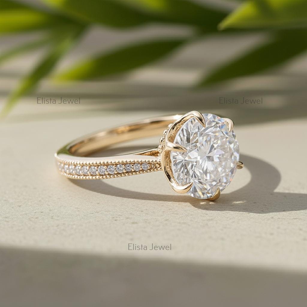 Round Lab-Grown Diamond Engagement Ring, 18K Yellow Gold, Pavé Milgrain