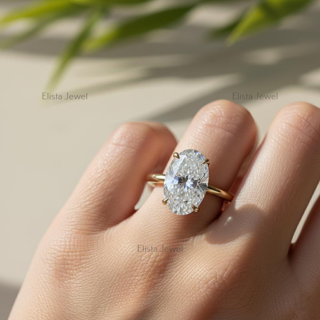 Oval Lab-grown Diamond Solitaire Ring, 14K Yellow Gold Hidden Halo Engagement Ring For Women