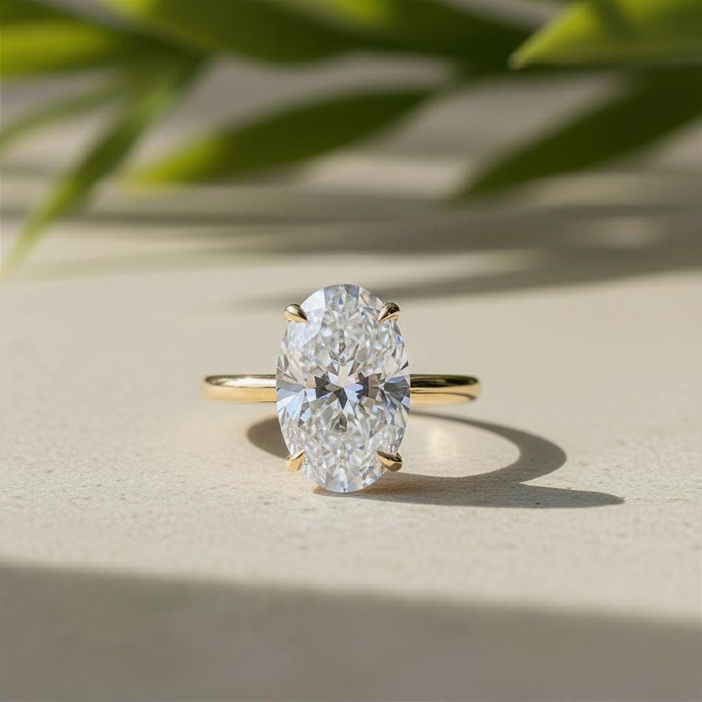 Oval Lab-grown Diamond Solitaire Ring, 14K Yellow Gold Hidden Halo Engagement Ring For Women