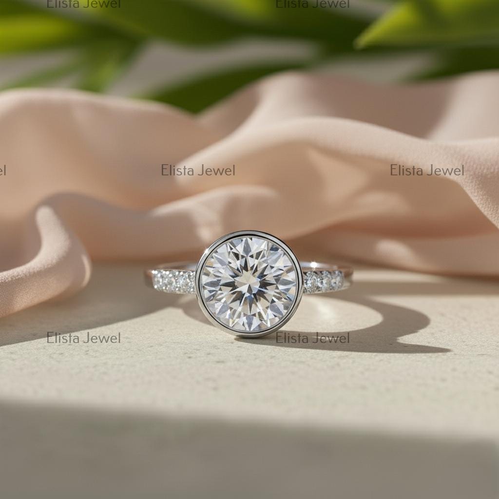 Round Lab-Grown Diamond Engagement Ring, 14K White Gold Pave Band