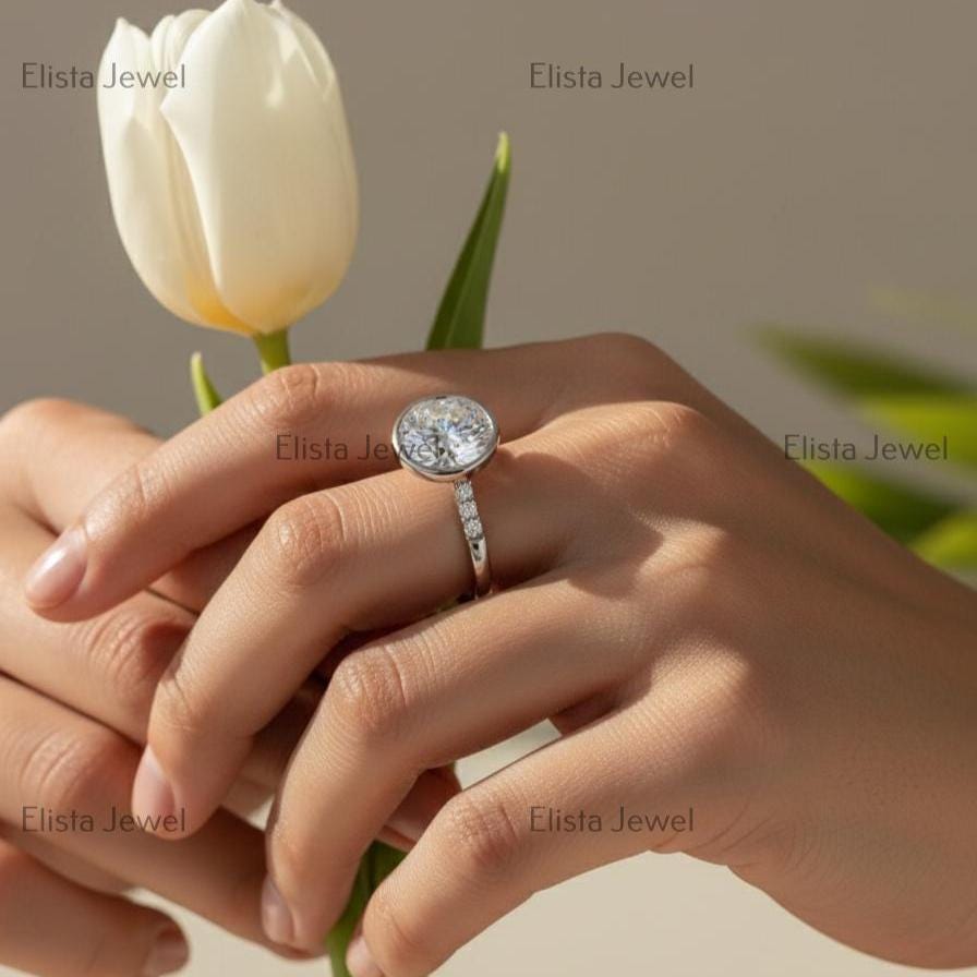 Round Lab-Grown Diamond Engagement Ring, 14K White Gold Pave Band