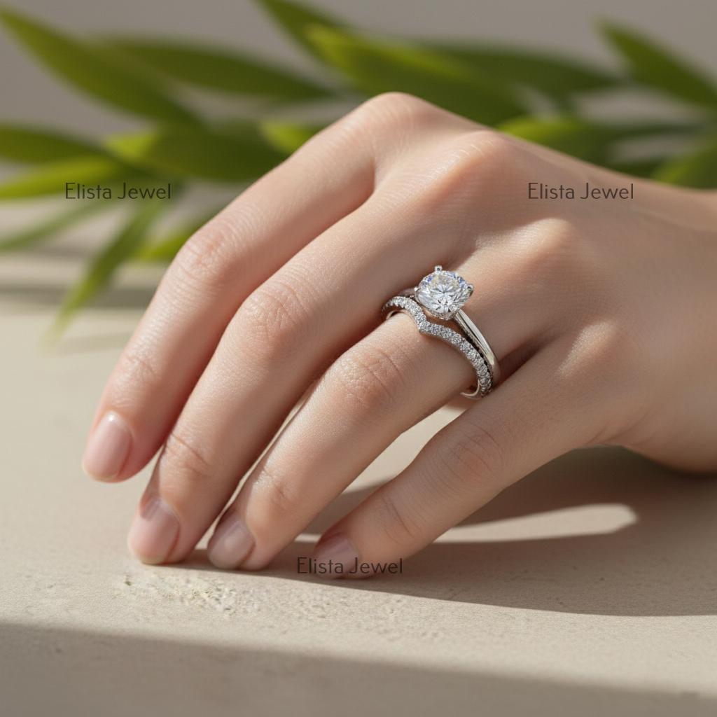 Round Lab-Grown Diamond Bridal Set Solitaire Pave Chevron Band in 14K Solid White Gold