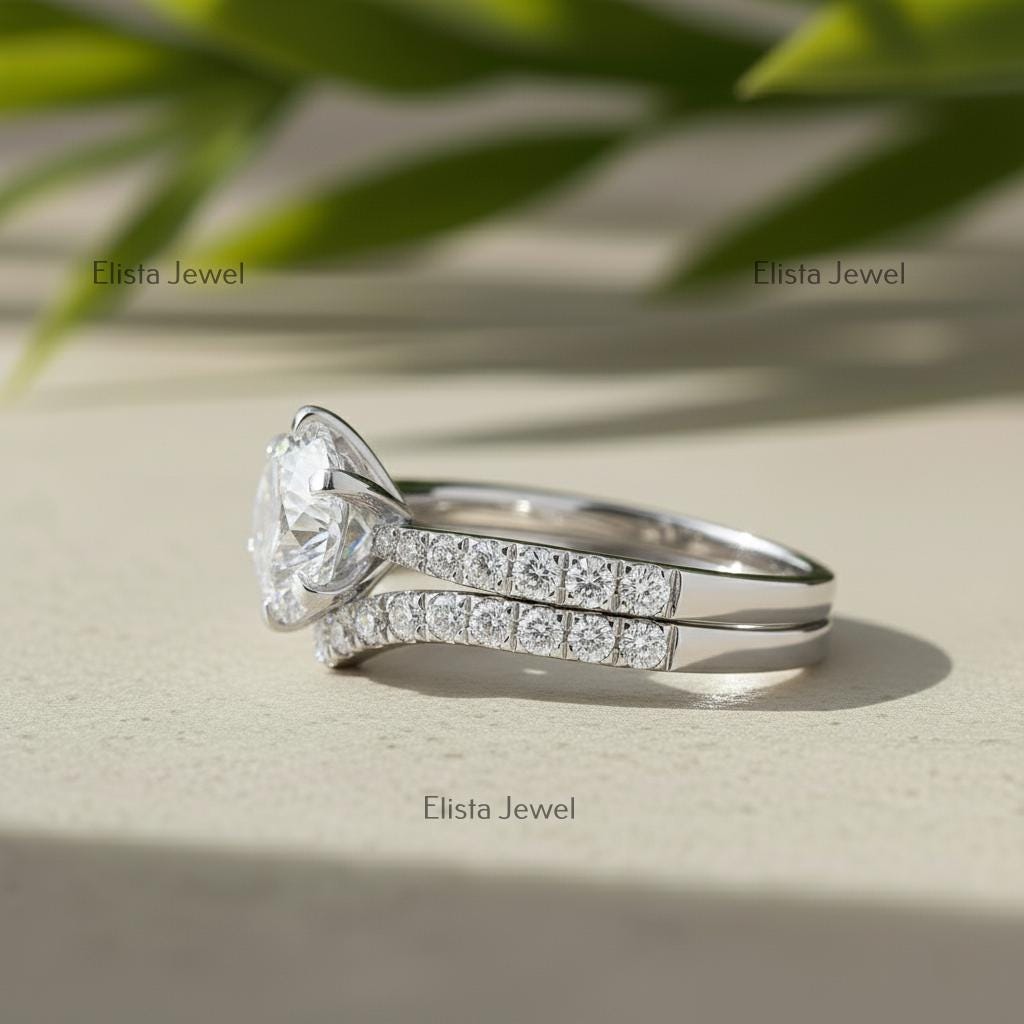 Round Lab-Grown Diamond Bridal Set Solitaire Pave Chevron Band in 14K Solid White Gold