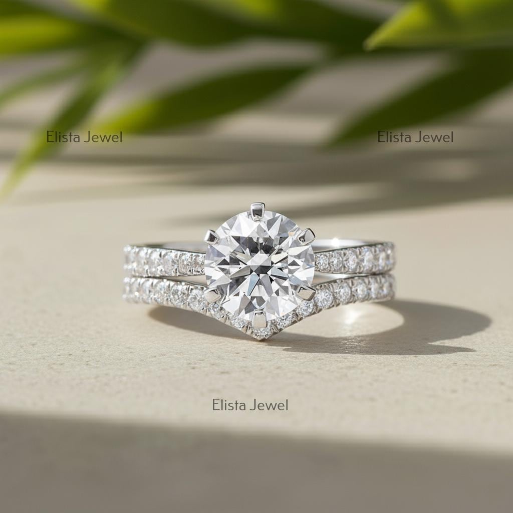 Round Lab-Grown Diamond Bridal Set Solitaire Pave Chevron Band in 14K Solid White Gold