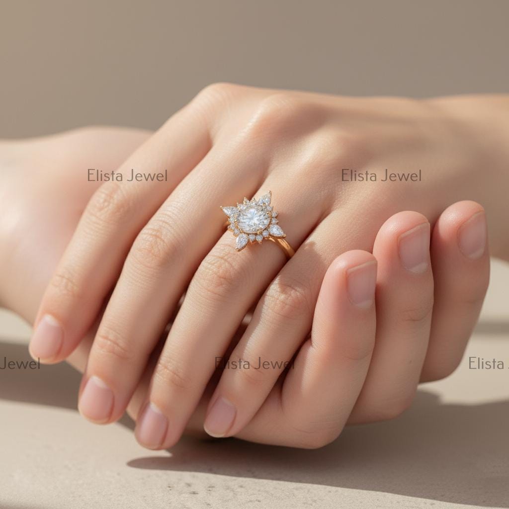 Lab-Grown Diamond Halo Engagement Ring, 14K Yellow Gold Floral Ring
