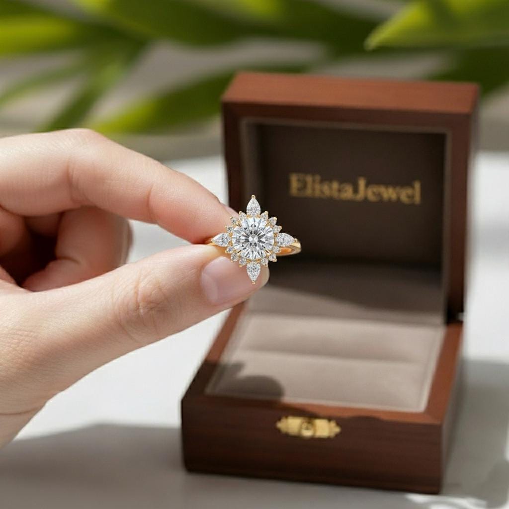 Lab-Grown Diamond Halo Engagement Ring, 14K Yellow Gold Floral Ring