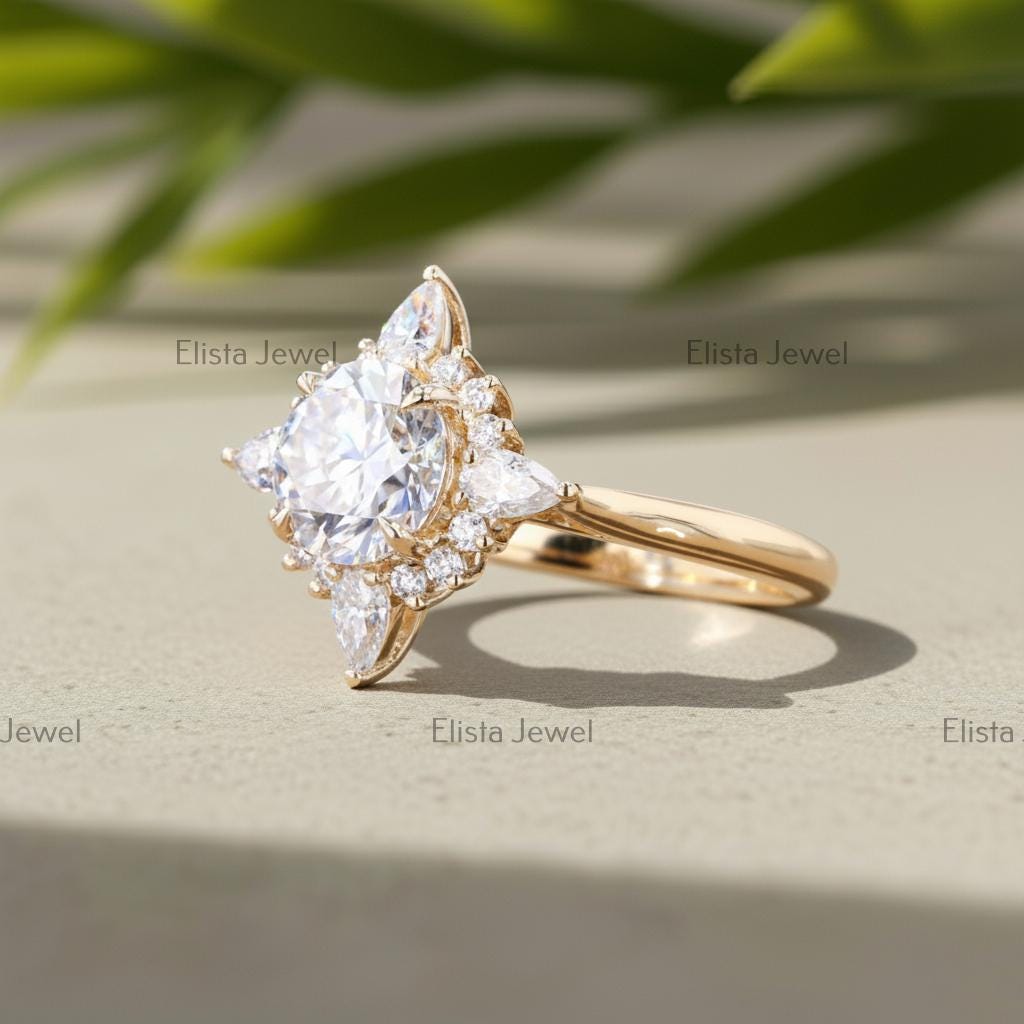 Lab-Grown Diamond Halo Engagement Ring, 14K Yellow Gold Floral Ring