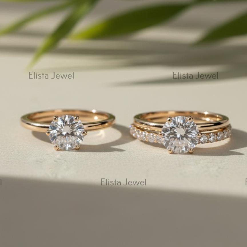 Round Cut Lab-Grown Diamond Engagement Ring Set, 14K Yellow Gold Pavé Band
