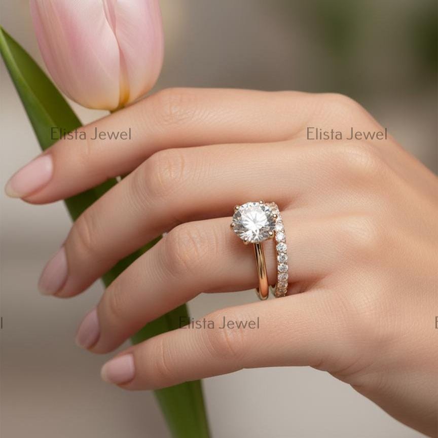 Round Cut Lab-Grown Diamond Engagement Ring Set, 14K Yellow Gold Pavé Band