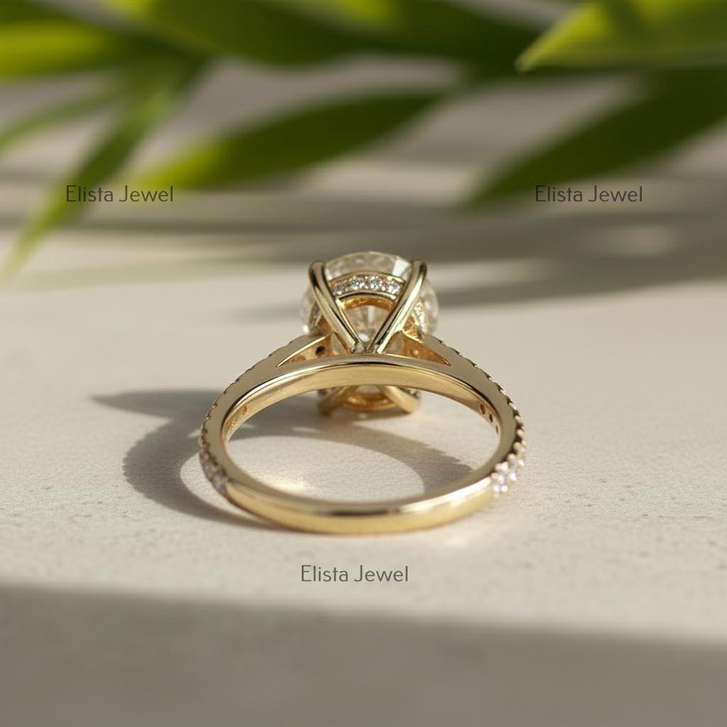 Round Lab-Grown Diamond Solitaire Engagement Ring Pavé Yellow Gold Large Statement