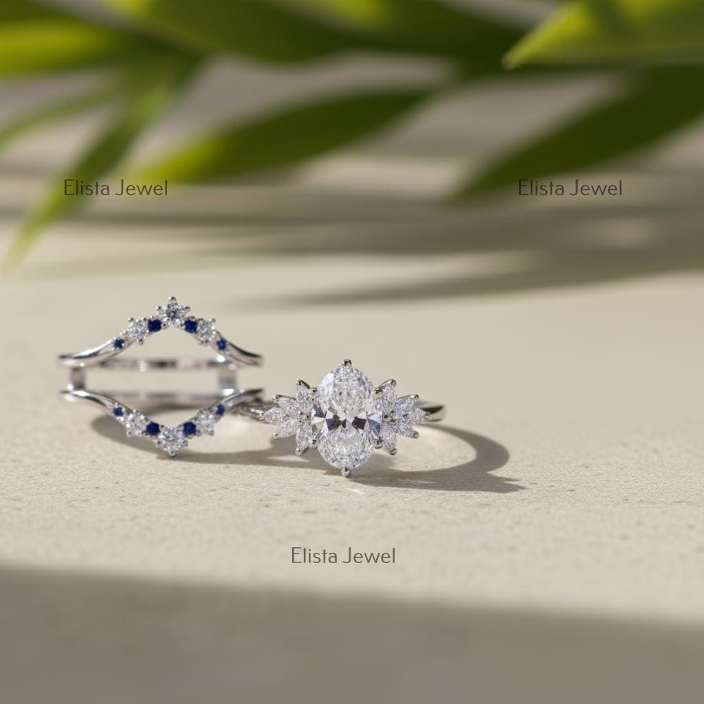 Oval Lab-Grown Diamond Bridal Ring Set, Sapphire Chevron Band, 14K White Gold