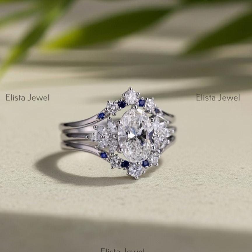 Oval Lab-Grown Diamond Bridal Ring Set, Sapphire Chevron Band, 14K White Gold