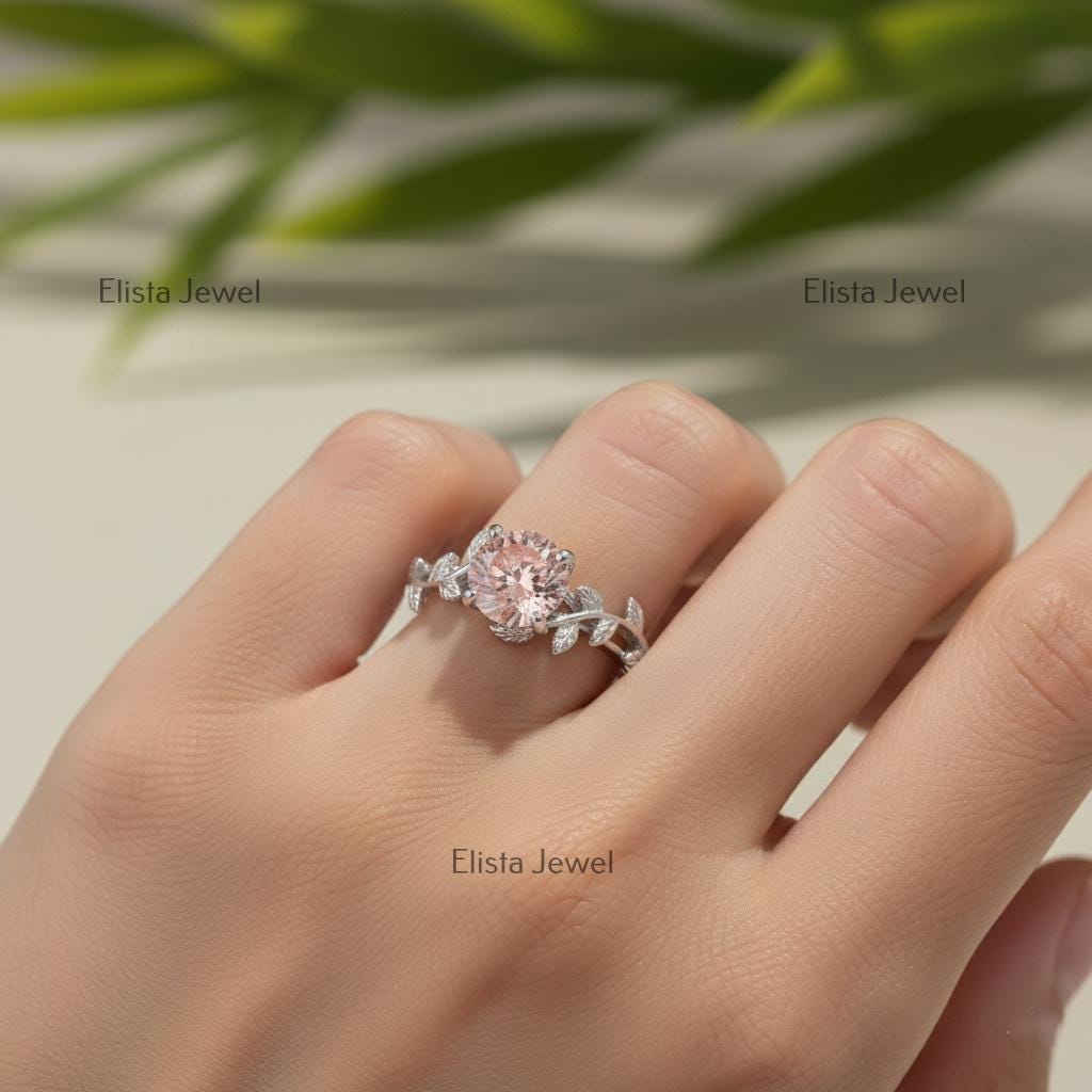 Fancy Pink Lab Grown Diamond Engagement Ring, White Gold Leaf Vine Band