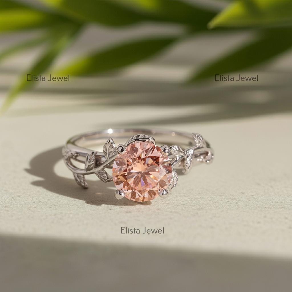 Fancy Pink Lab Grown Diamond Engagement Ring, White Gold Leaf Vine Band