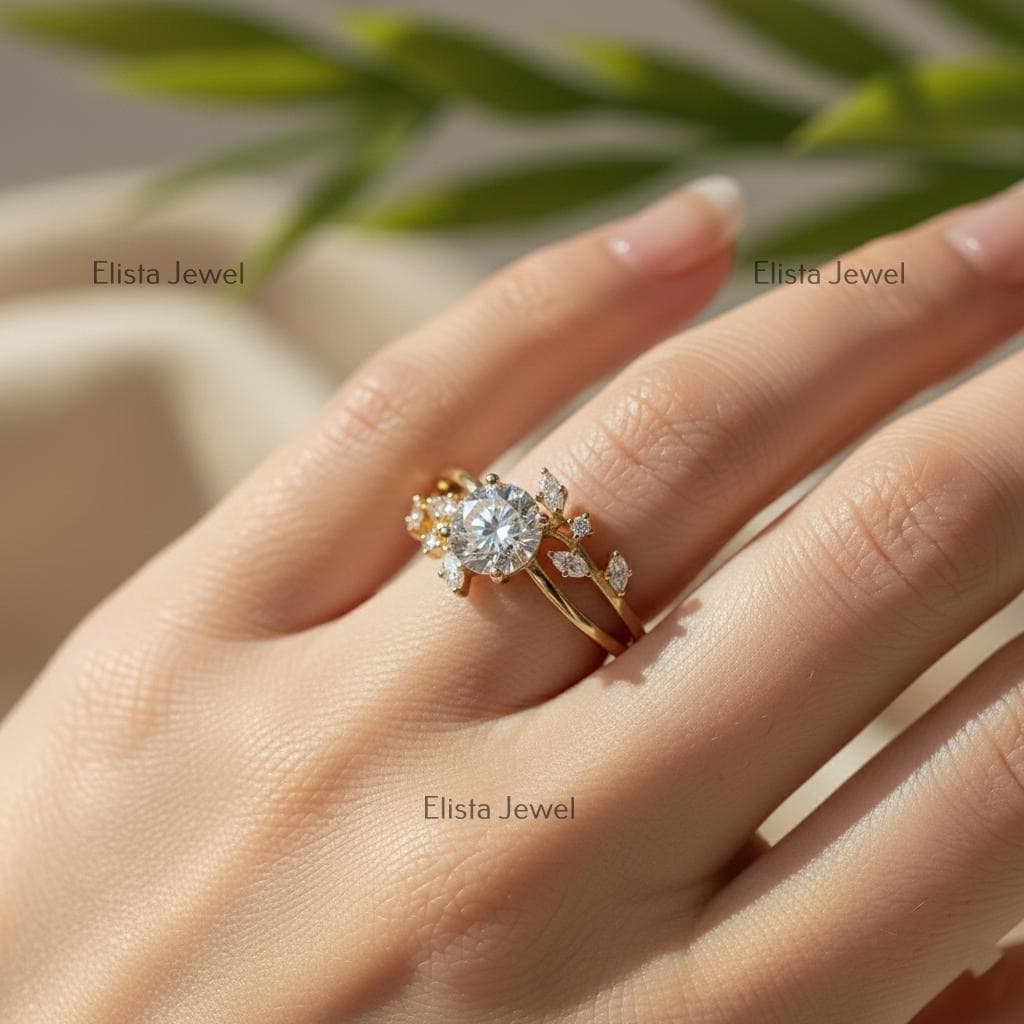 Lab-Grown Diamond Engagement Ring, 18K Yellow Gold Leaf Bridal Ring