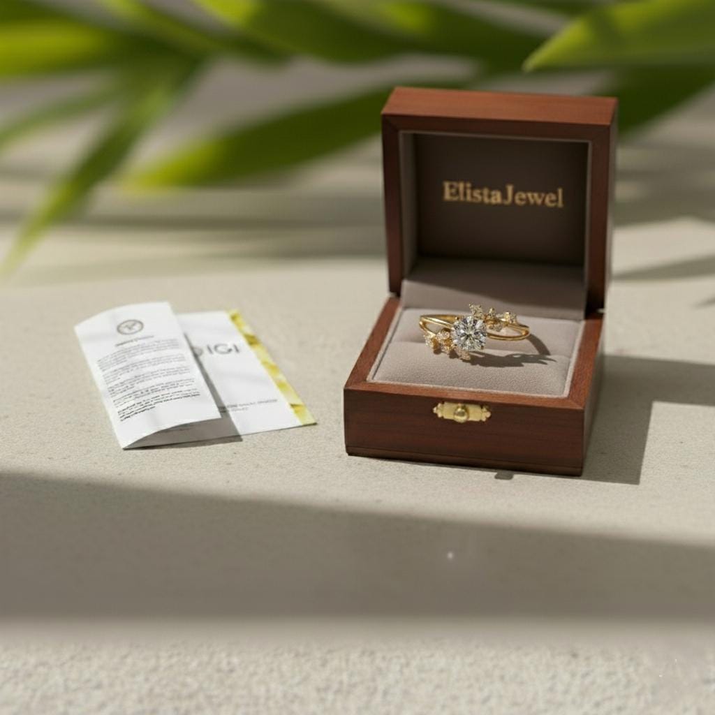 Lab-Grown Diamond Engagement Ring, 18K Yellow Gold Leaf Bridal Ring