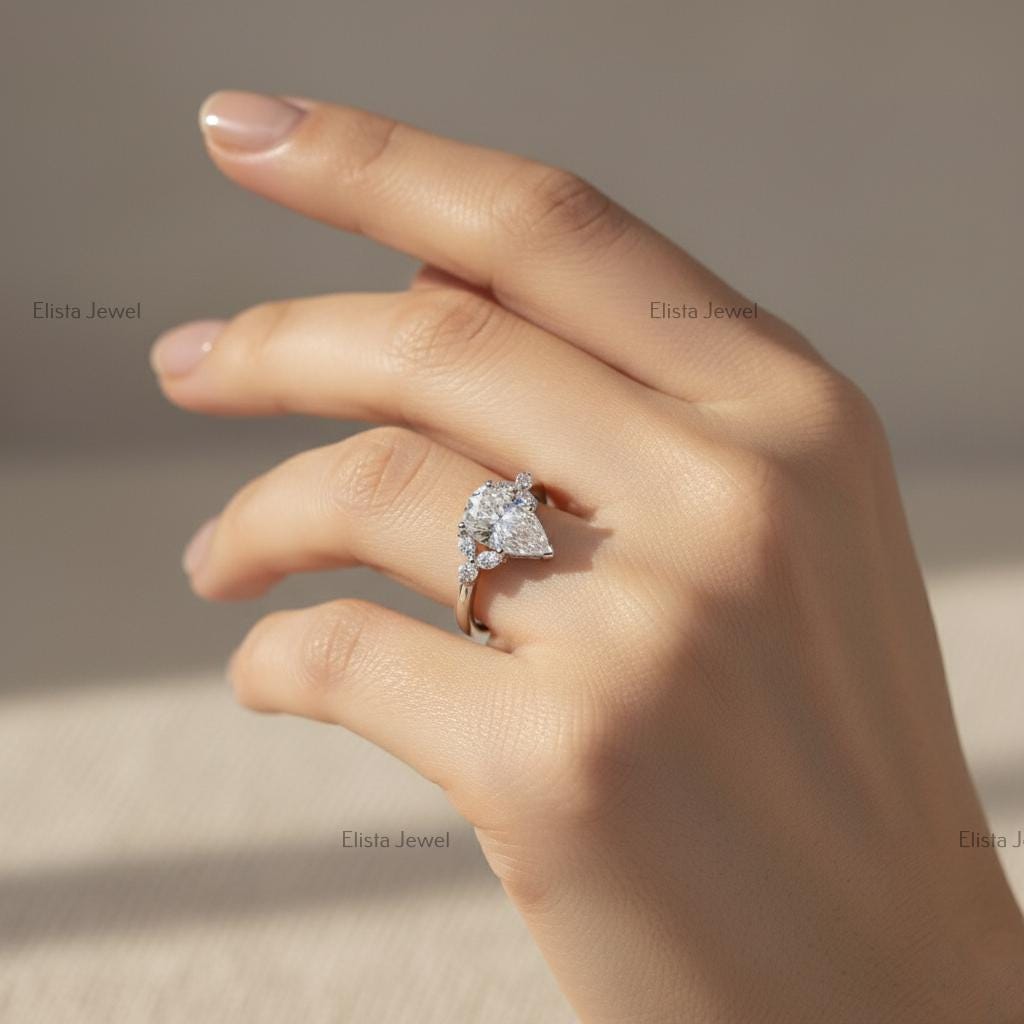Pear Cut Lab-Grown Diamond Bridal Set, 14K White Gold, Chevron Halo