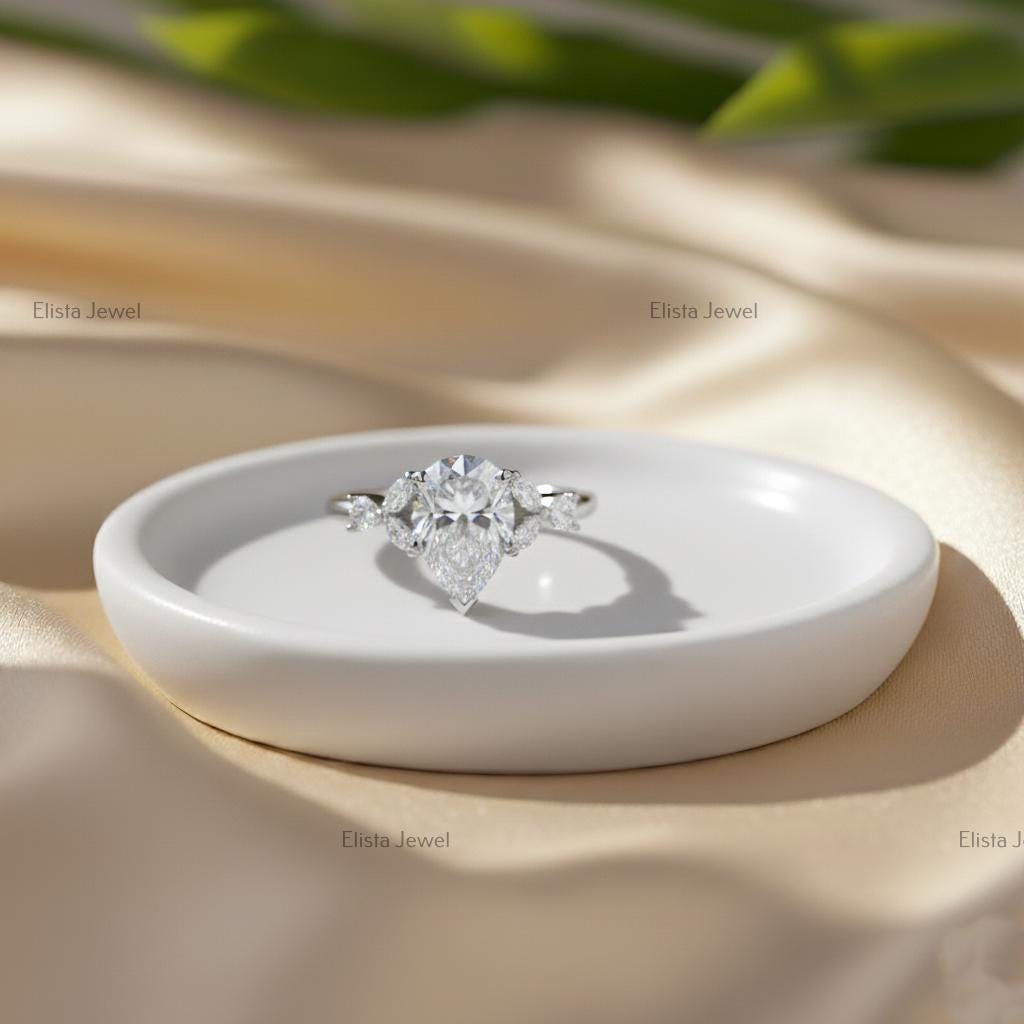 Pear Cut Lab-Grown Diamond Bridal Set, 14K White Gold, Chevron Halo
