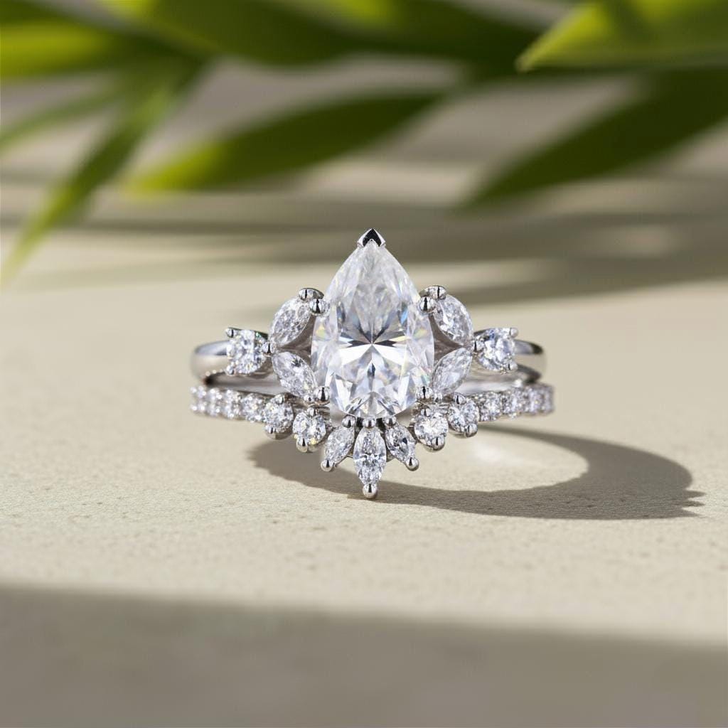 Pear Cut Lab-Grown Diamond Bridal Set, 14K White Gold, Chevron Halo