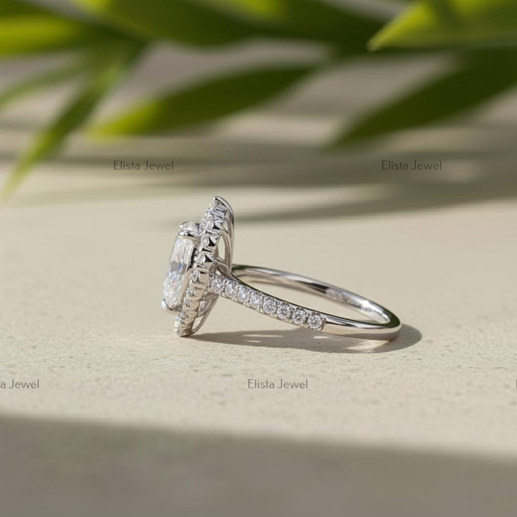 Pear Cut Lab-Grown Diamond Engagement Ring, 14K White Gold Halo Ring For Women