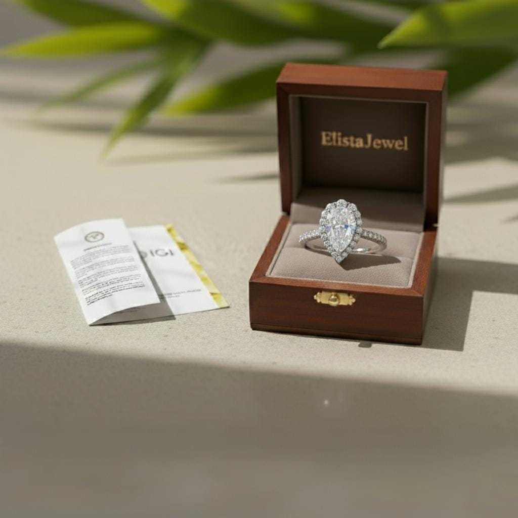 Pear Cut Lab-Grown Diamond Engagement Ring, 14K White Gold Halo Ring For Women